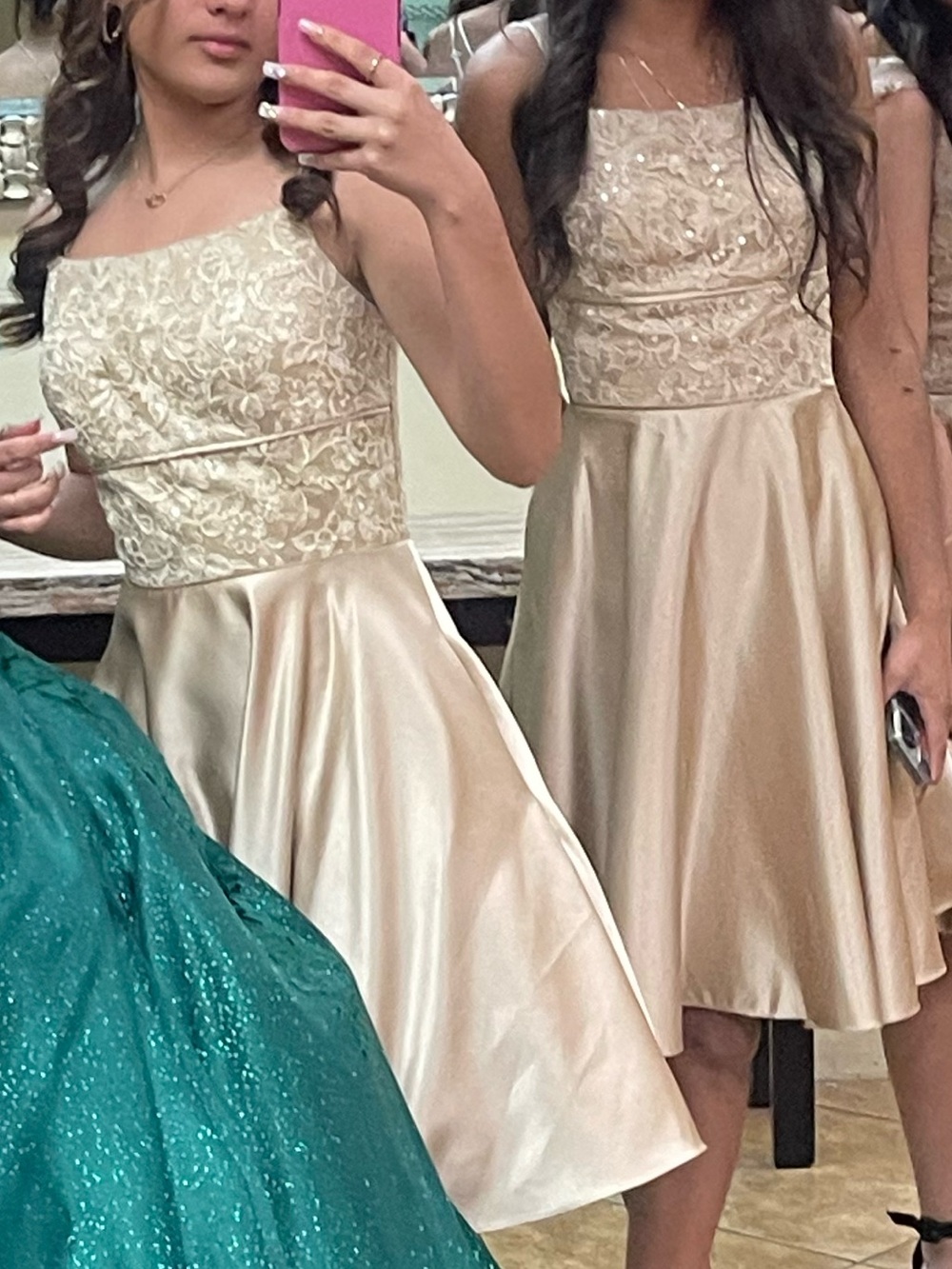 Satin Lace Bodice Prom Dress in Champagne